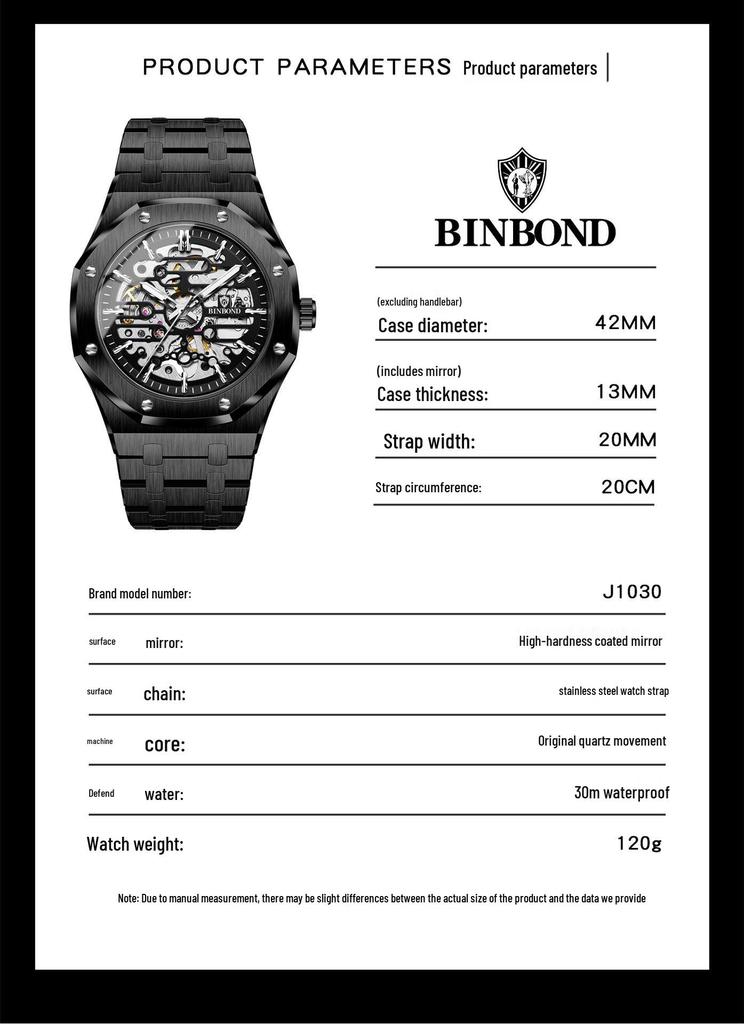 Binbang Men's Automatic Waterproof Skeleton Mechanical Watch - High-End Alloy Design