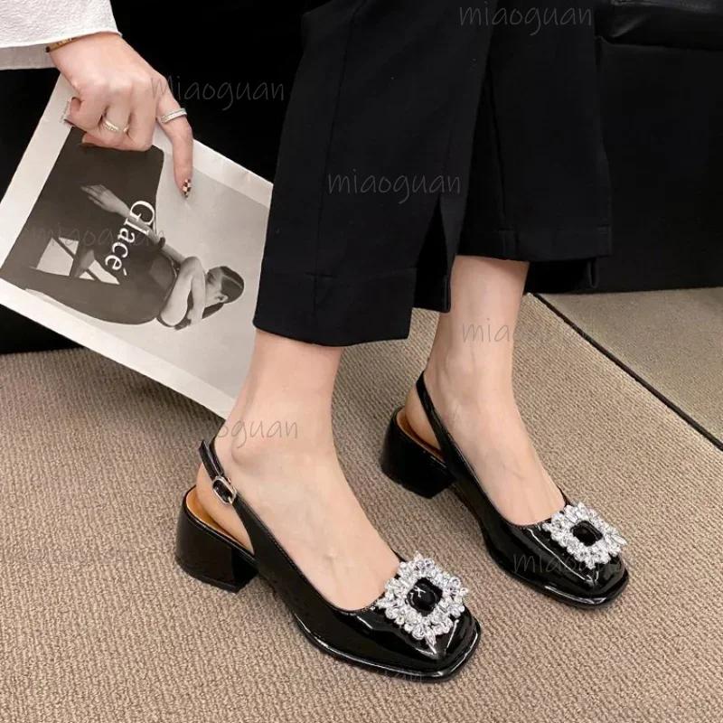 Fashion Summer New Baotou Sandals Women's French Retro Square Headed Water Diamond Buckle Back Hollow Thick Heel Sandals Large 42