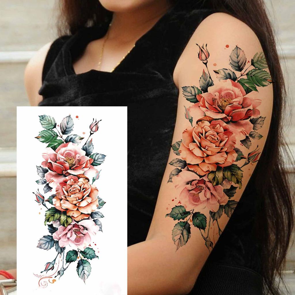 1 Sheet 3D Flower Temporary Tattoos Sleeve For Women Girls Watercolor Peony Rose Sexy Tattoo Sticker Water Transfer Transferable
