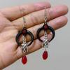 Exaggerated Gothic Black Crescent Moon Silver Color Bat Red Crystal Bead Dangle Earrings for Woman Halloween Mysterious Jewelry