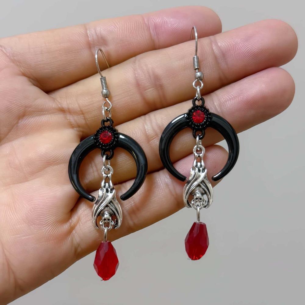 Exaggerated Gothic Black Crescent Moon Silver Color Bat Red Crystal Bead Dangle Earrings for Woman Halloween Mysterious Jewelry