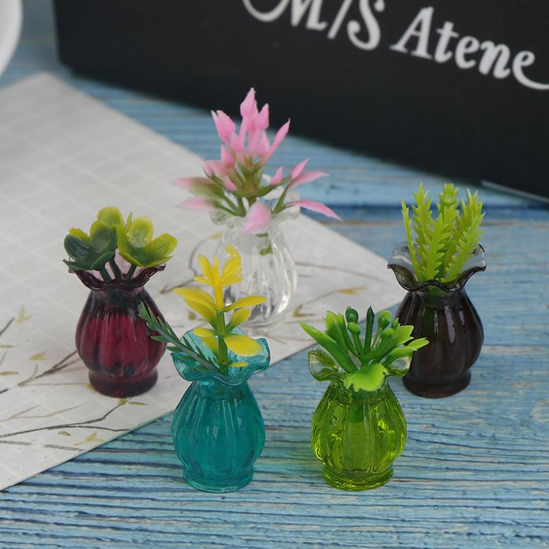 High Quality 5pcs Dollhouse Miniatures 1:12 Colorful Mini Ceramic Pot DIY Handmade Doll House Kitchen Ceramic Decora vase+flower