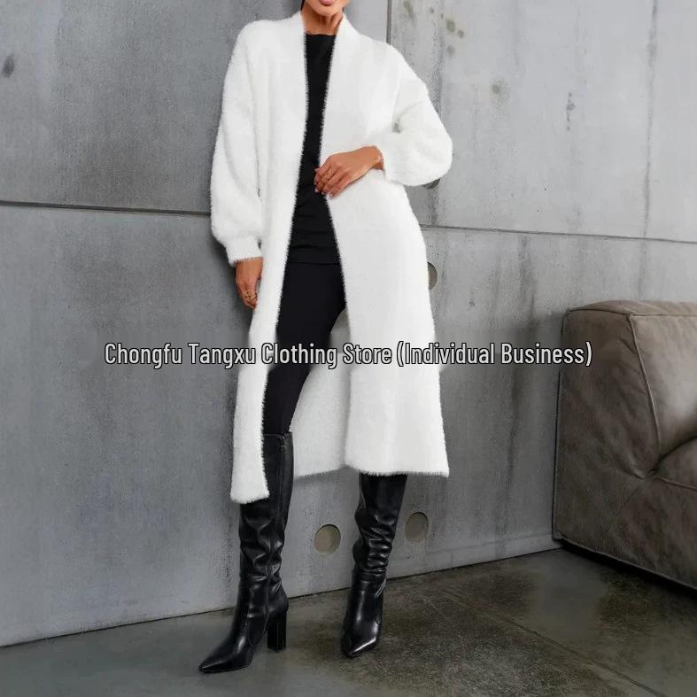 V-Neck Tie-up Waist Plush Cardigan - European & American 2026 Autumn/Winter Collection