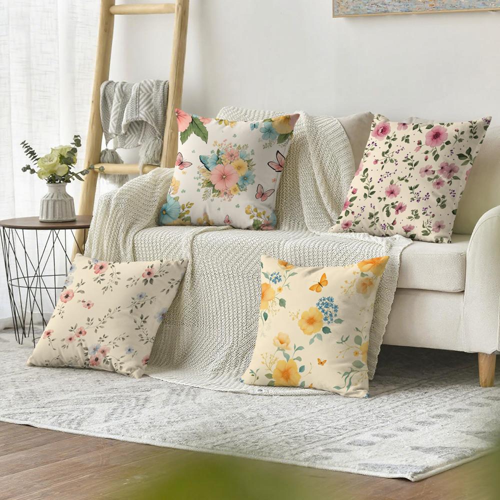 Spring Floral Cushion Cover Natural Linen Organic Fabric Double-Sided Printing Sofa Home Decor Gift Pillow Cover