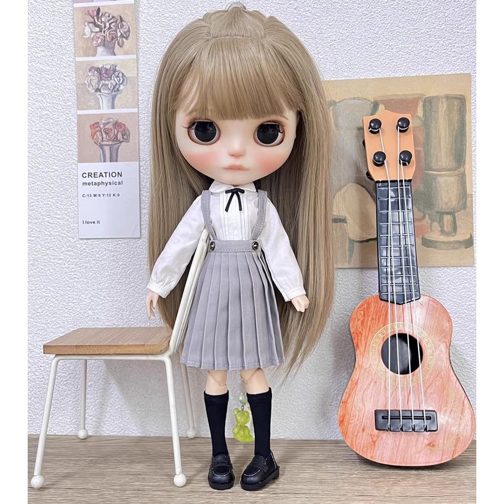 rakulifey Blythe doll outfit set: Long-sleeved shirt, skirt, school uniform, suitable for Neo Blythe and Obitsu 24 dolls, 3 colors (gray)