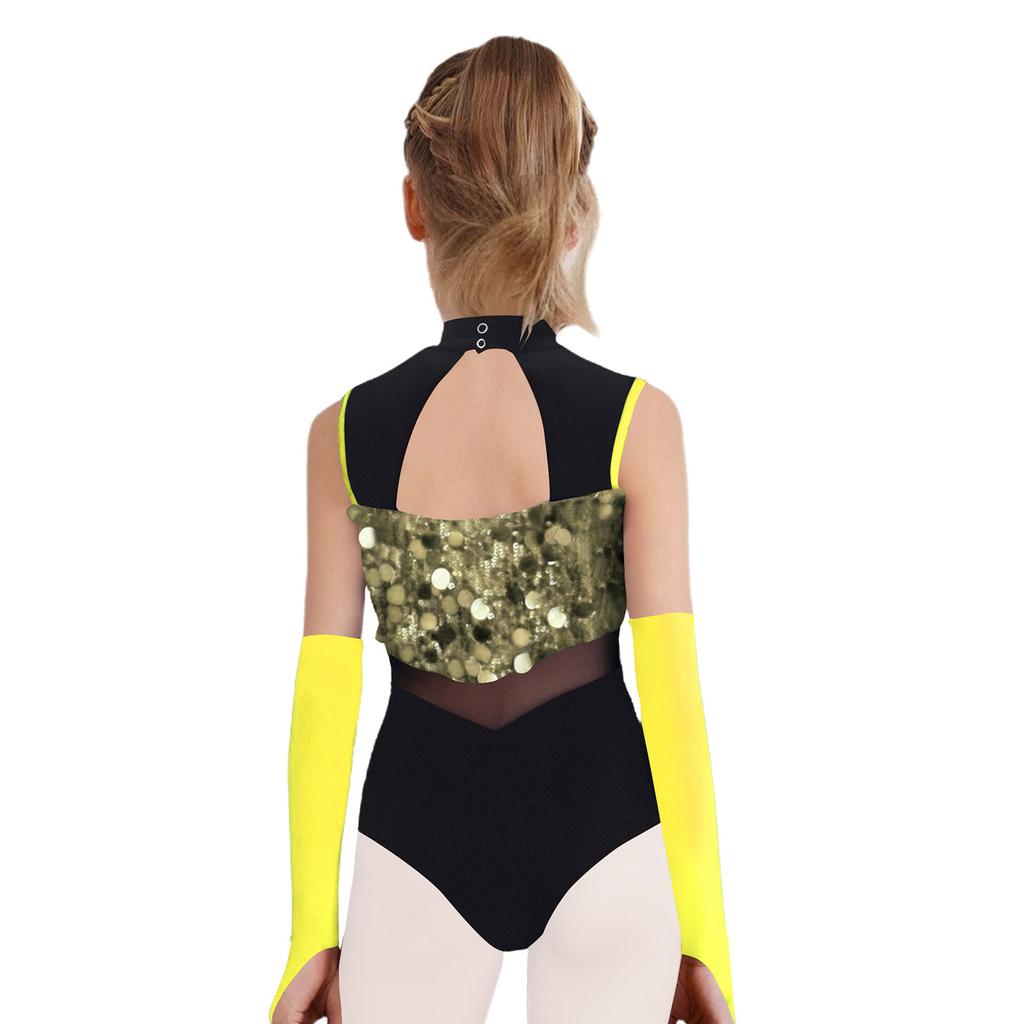 Kids Dance Leotard with Gloves Mock Neck Cutout Back Sparkling Sequins Color Block Performance Outfit