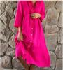 2023 Women's Cotton Linen Dress: Solid Color, Casual Stand-up Collar, Button-Down Long Dress