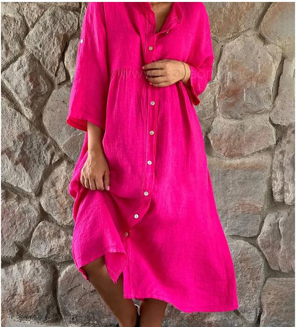 2023 Women's Cotton Linen Dress: Solid Color, Casual Stand-up Collar, Button-Down Long Dress