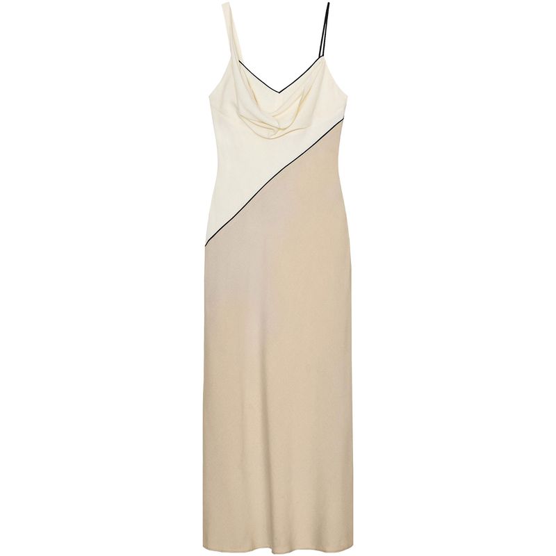 Zaprha 2025 New Arrival French Style Temperament Cinched Patchwork Pleated Drape V Neck Midi Skirt Sling Dress 5029116