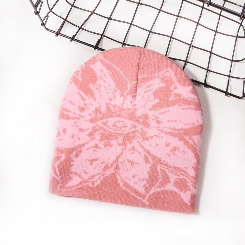 Unisex Jacquard Eye Flower Pattern Knitted Beanies Hat Fashionable Winter Warm Hiphop Bonnet Skull Hat for Men and Women