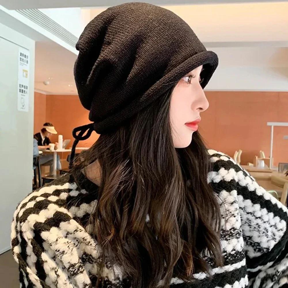 Pop Stil Show Gesicht Kleiner Stapelhut Kordelzug Baggy Slouchy Beanie Damen Herbst Ohrwärmer Skullies Mütze Einfarbige Strickmütze