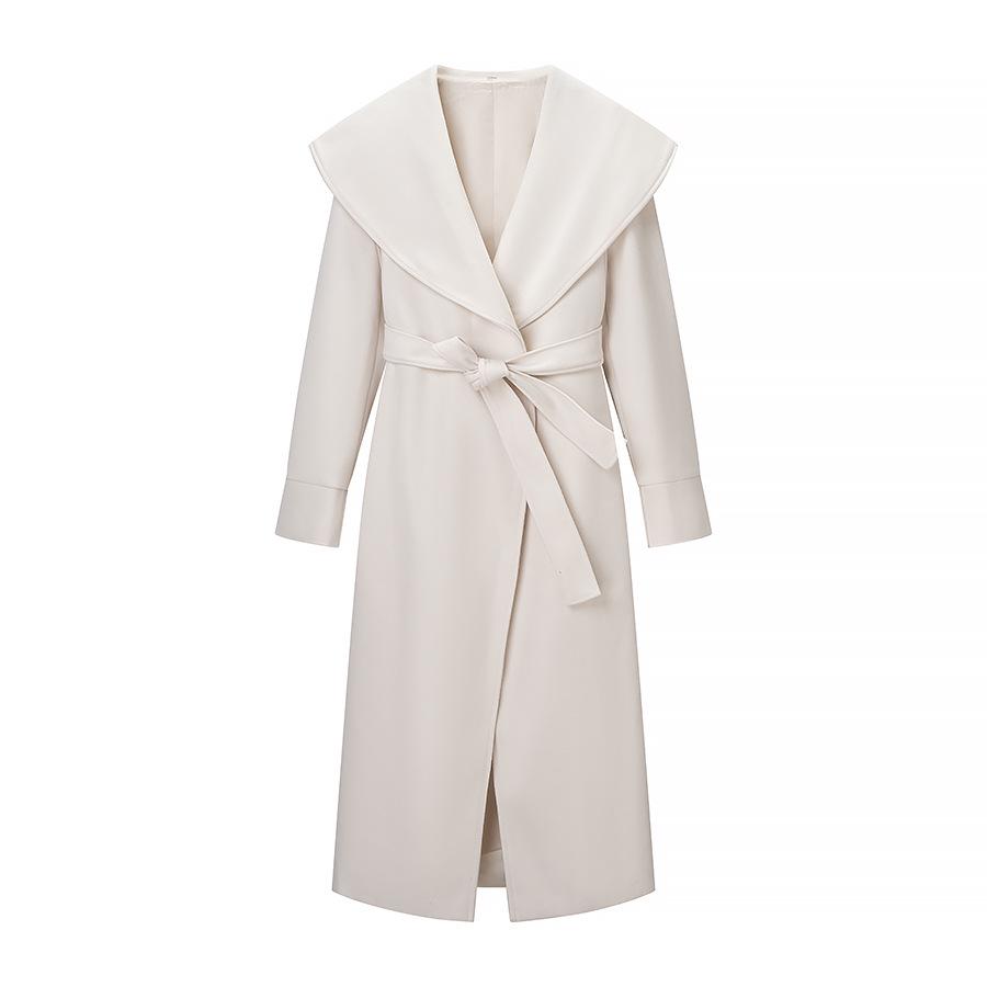 Women's Commuting Long Woolen Overcoat with Large Fur Collar and Belt