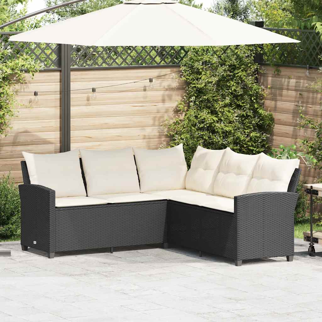 L Shaped Sofa with Cushions Black Poly Rattan