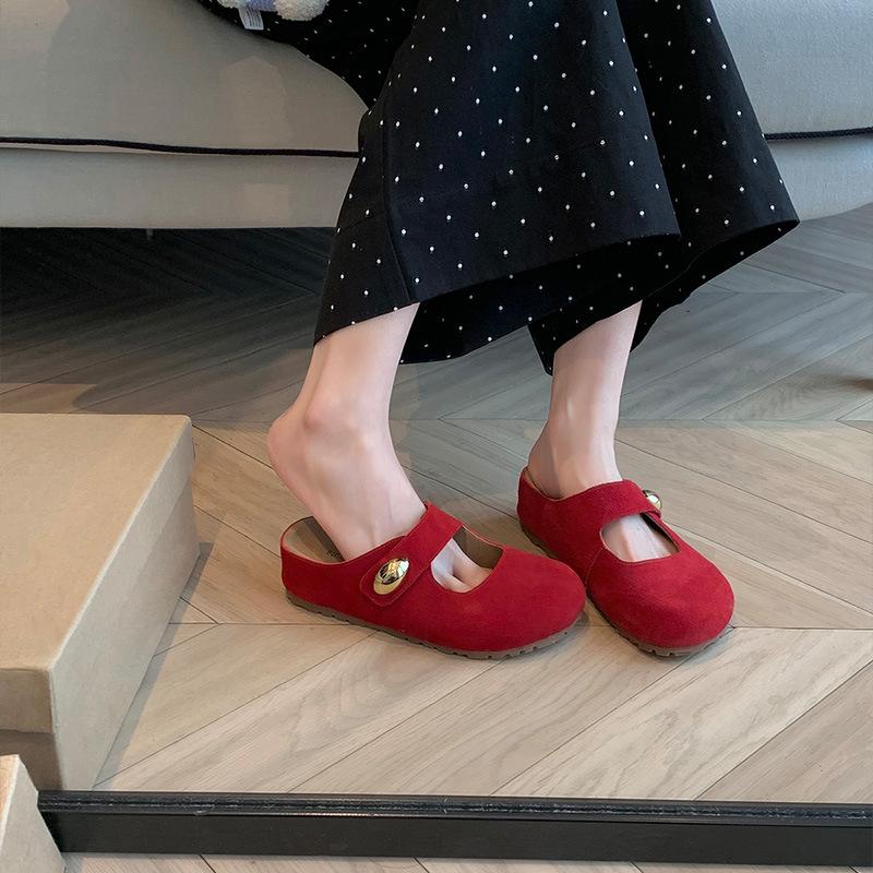 

Cowhide~ inner height increase small golden bean yellow Birkencool slippers women s summer wear one pedal thick-soled bag head half slippers 34