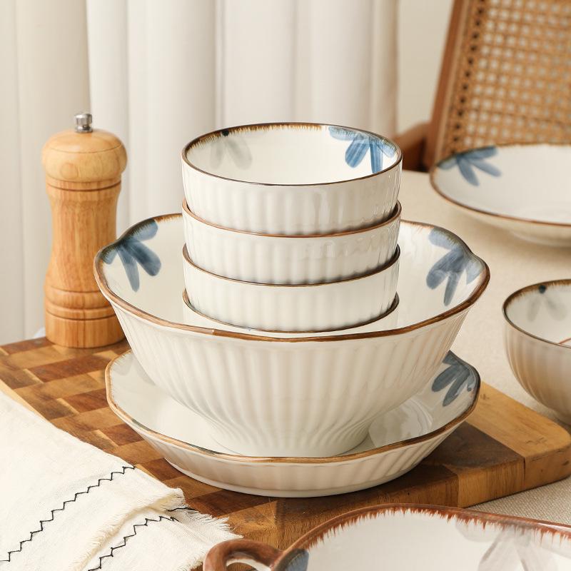 Japanese Ceramic Ink Wash Bowl and Plate Set - Tableware for Home Dining