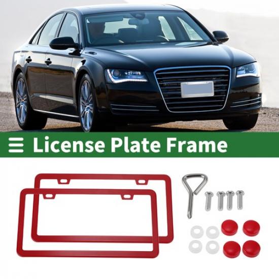 Car Front Rear License Plate Frame Stainless Steel 2 Hole Red 1 Set