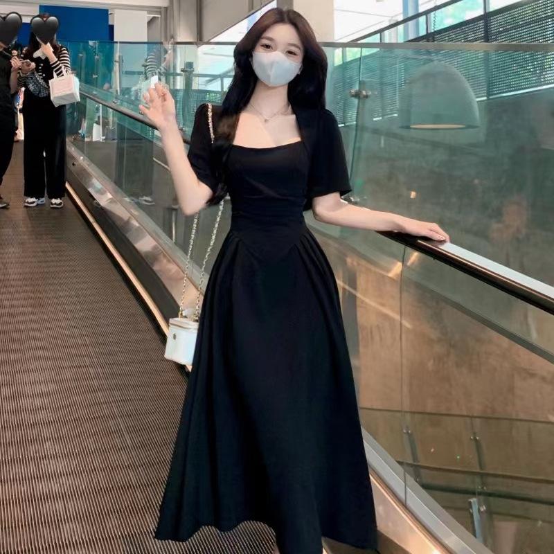 Black dress women's summer new French retro square collar waist and thin temperament Hepburn style long skirt