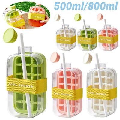 2 In 1 Ice Cube Maker Water Bottle with Straw 500ML/800ML Summer Cooler Cup Silicone Molds Ice Cube Tray for Outdoor Camping