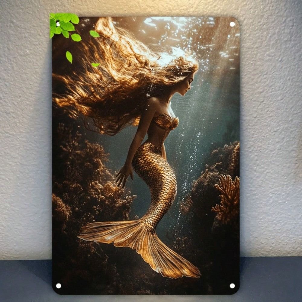 Vintage Mermaid Metal Tin Sign Red Hair Ocean Waves Bedroom Decor 20x30cm