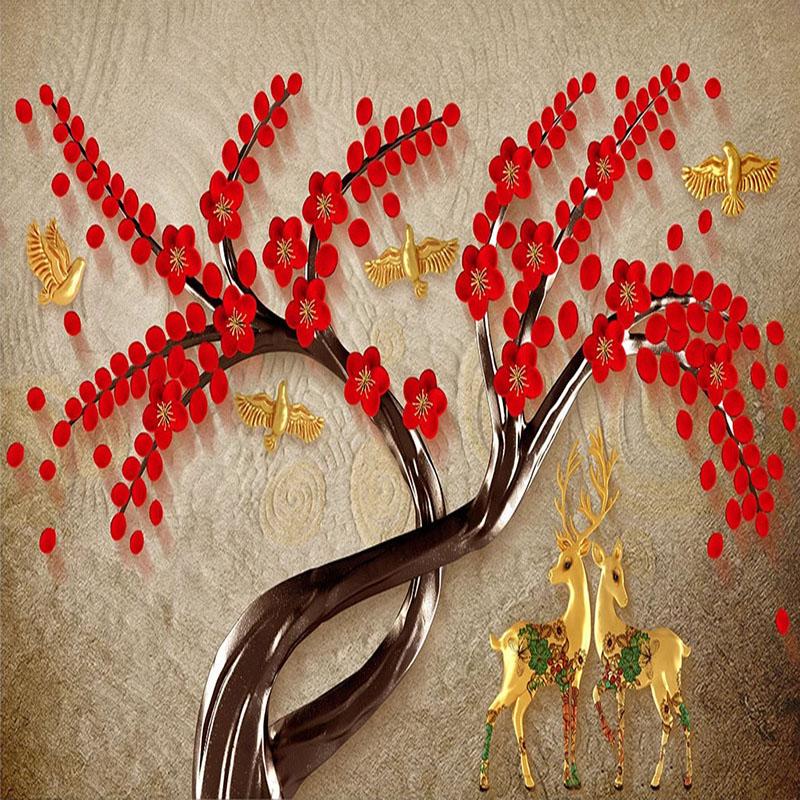 Mural European Style Retro 3d Elk Red Flower Bird Tree Wallpaper For Living Room Sofa Tv Background Wall Mural