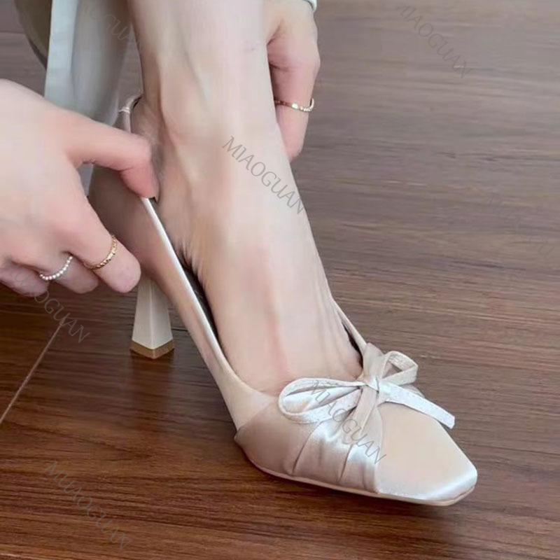 Fashion Bowknot High Heels for Women Spring and Summer New Square Head Temperament Pumps Party Shallow Mouth Beige Heeled Single Shoes
