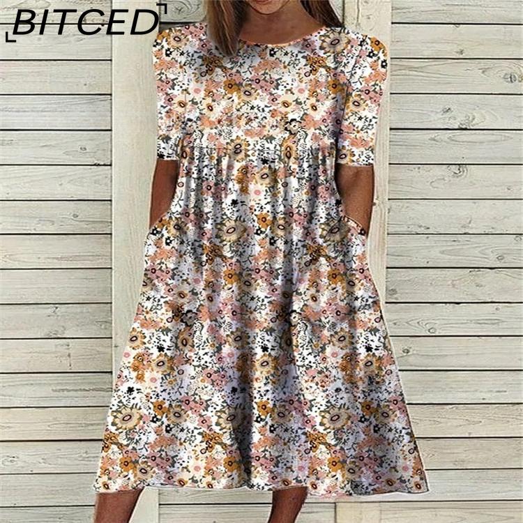 BITCED Summer Women's Printed Dress Loose-Fit Pocketed Maxi Dress