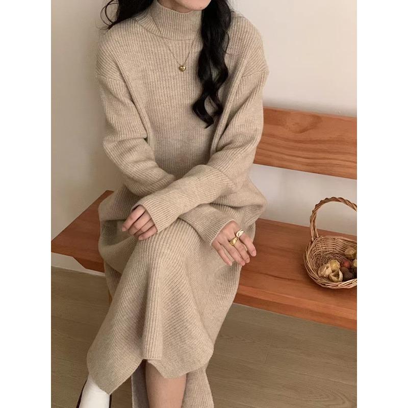 Semi-turtleneck knitted dress autumn and winter with long base over the knee temperament versatile split sweater skirt women