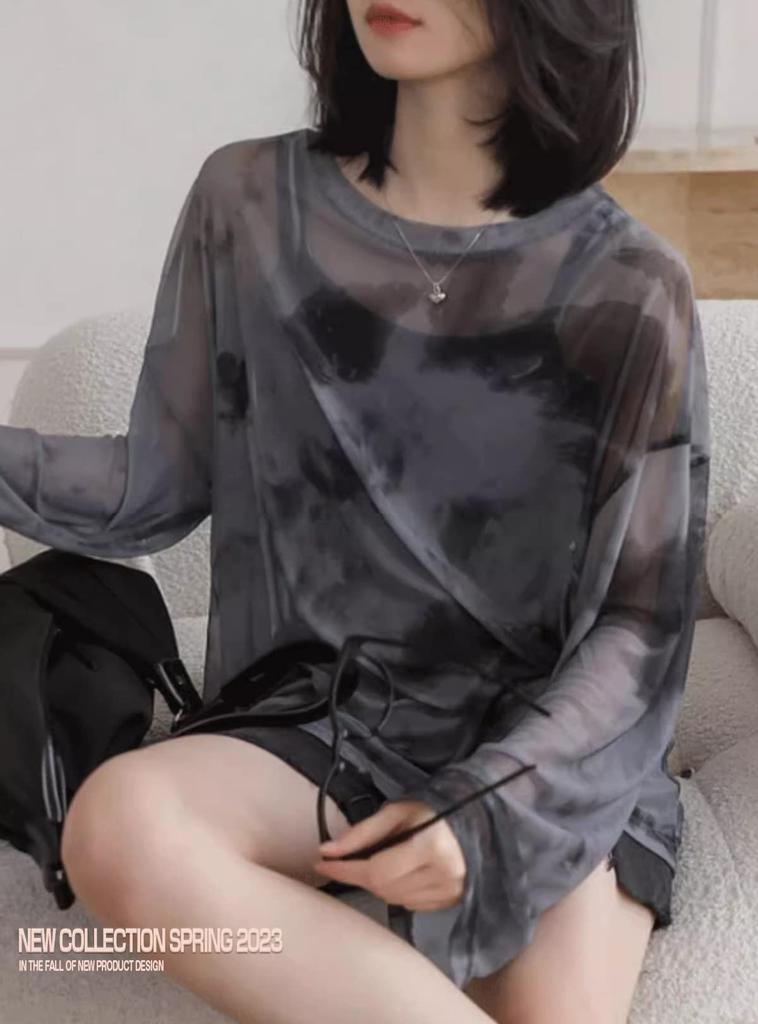Yuoku Sheer Sexy Print Layered Long Thin Tulle Dance Oversized Shirt Loose Women's See-Through Top, Blouse, Show-Off Top, Look, Sleeve, Sheer,