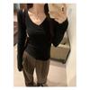 Women's Solid Color V-Neck Long-Sleeve Slim Fit Shirt, Autumn/Winter Base Layer or Outerwear, Regular Shoulder.