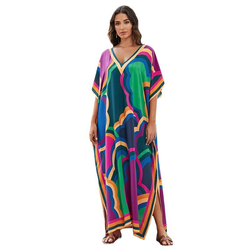 Luźny bawełniany szlafrok z nadrukiem w dużym rozmiarze - okrycie na wakacje na plaży dla kobiet