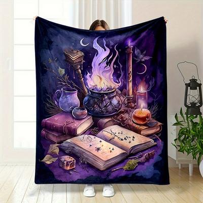 1pc Purple Halloween Blanket Witch Magic Book Potion Print Skin-Friendly Blanket New for Birthday Gift Halloween Decoration