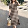 ZANZEA Womens Plaid Maxi Dress Casual V Neck Short Puff Sleeve Side Slit Vintage Loose Long Dresses