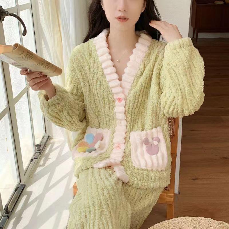 Women Thickened Warm Flannel Cardigan Pajamas V-Neck Comfortable Floral Homewear Soft Loose Loungewear Maternity Easier To Wear
