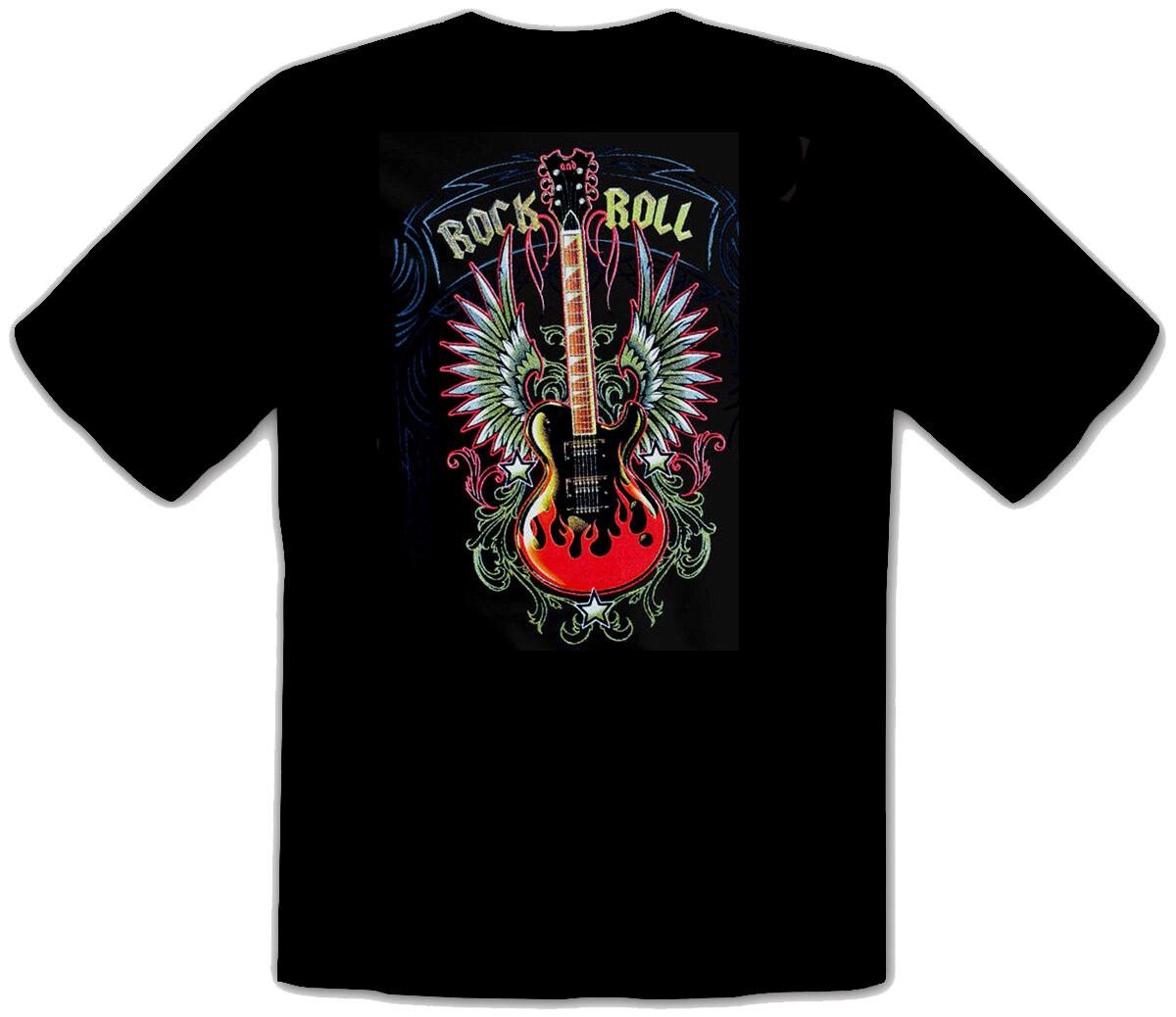 Rock  n  Roll Music Guitar Guitar Flames Motif BLACK T-shirt 192 S