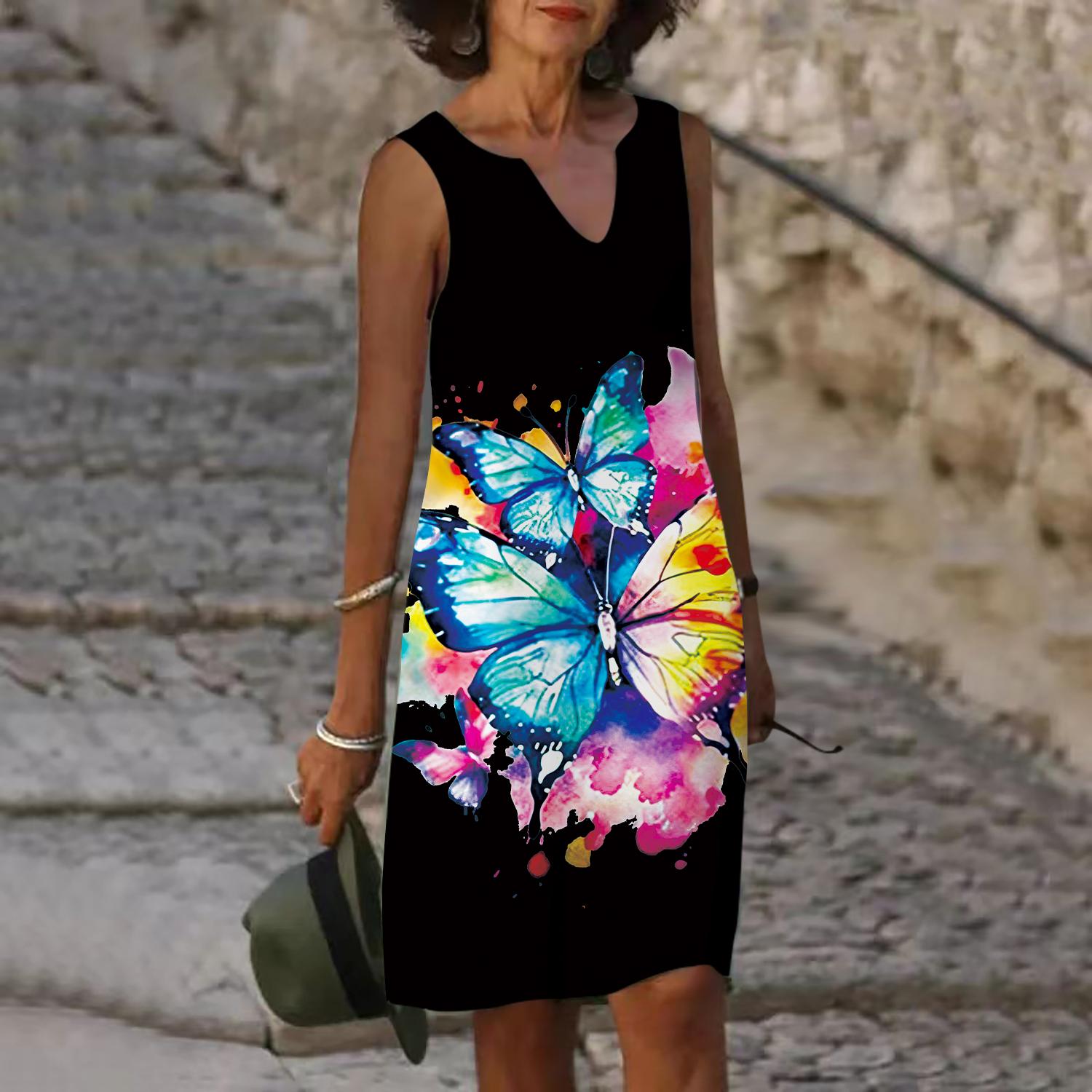 

Женское летнее платье с v-образным вырезом и градиентным принтом бабочки, повседневное модное платье без рукавов, повседневное свободное сексуальное платье размера плюс XS-8XL 8XL чёрный