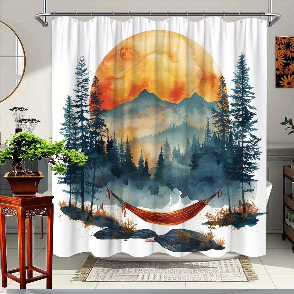 1pc Mountain Sunset Theme Shower Curtain, Vibrant Nature with Hammock, Polyester Fabric, Bathroom Decor, Featuring 12 Hooks,
