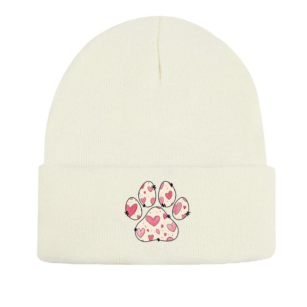 Dog Cat Paw Print Heart Knit Hat Beanie, Valentine's Day "XOXO LOVE KISS", Cozy Stylish Knitted Cap Beanie