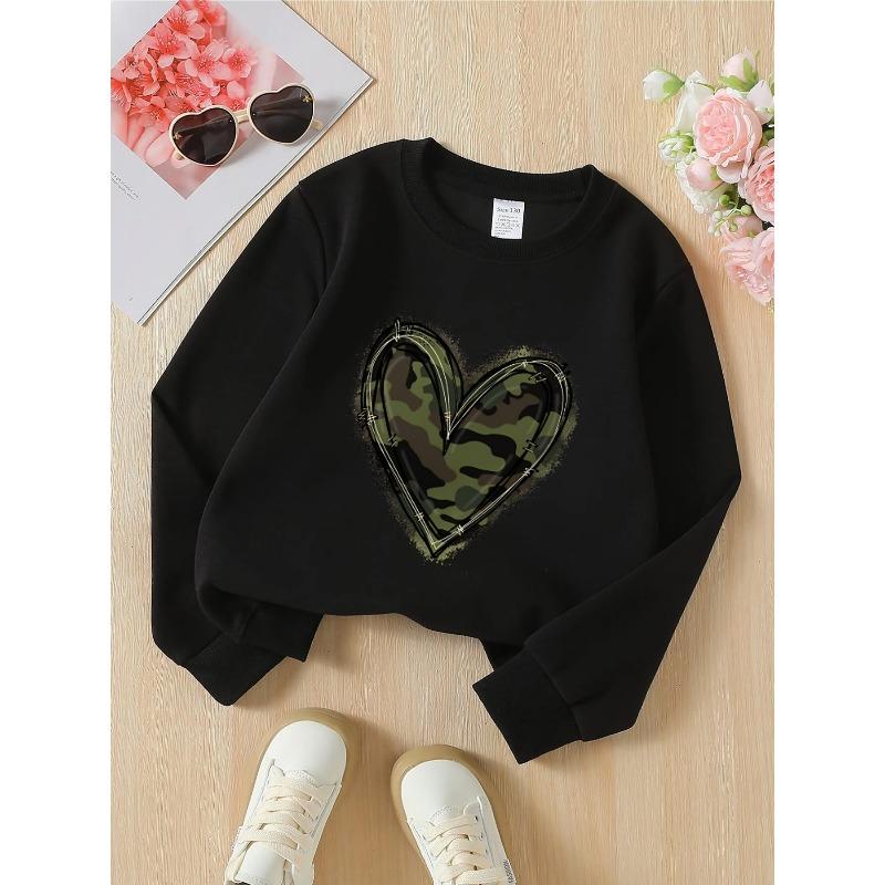 Crewneck Sweatshirt for Girls Featuring a Heart Camouflage Design, Machine Washable, Suitable for Spring And Autumn, Ideal for Sports And Casual Wear