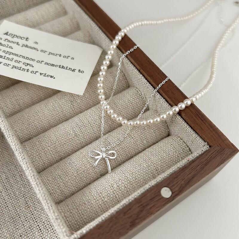Elegant Double Layered Pendant Necklace With Pearl Bow Charm In Sterling Women Adjustable 41-50cm O-Link Chain