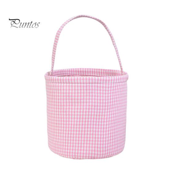 Gingham Easter Bucket for Kids Nursery Storage Bag New Baby Gift Basket with Handle for Easter Egg Hunts Parties