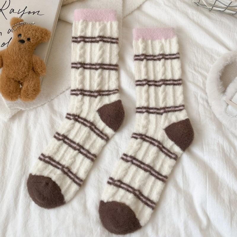 Winter Thick Socks, Women's Striped Color-blocking Warm Fleece Thickened Plush Striped Mid-calf Socks, Home Pile Sleep Socks
