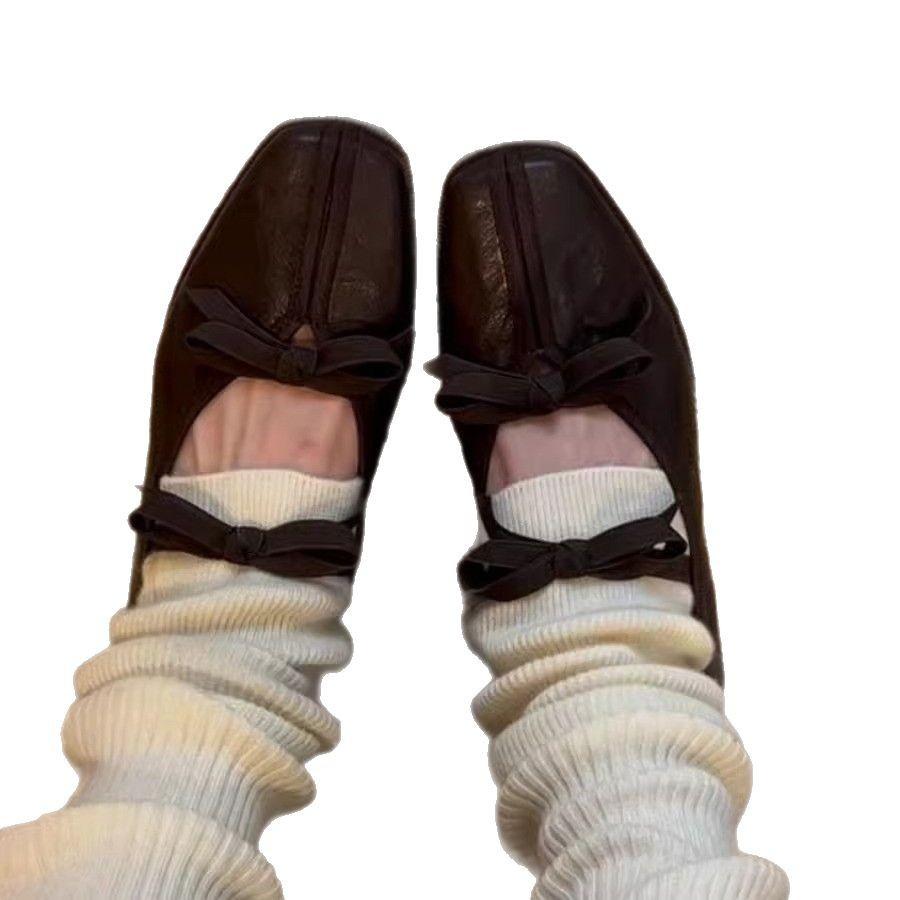 Keep Version~ Square Head Retro Bow Mary Jane Shoes Women's Shallow Mouth One Pedal Low Heel French Ballet Style Single Shoes