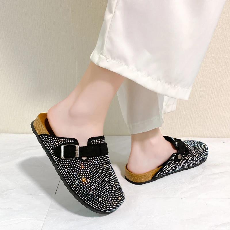Flat Summer Modern Slippers with Outer Sexy Toe Rhinestone Decoration 2024 High Quality Solid Color Shiny Women's Slippers