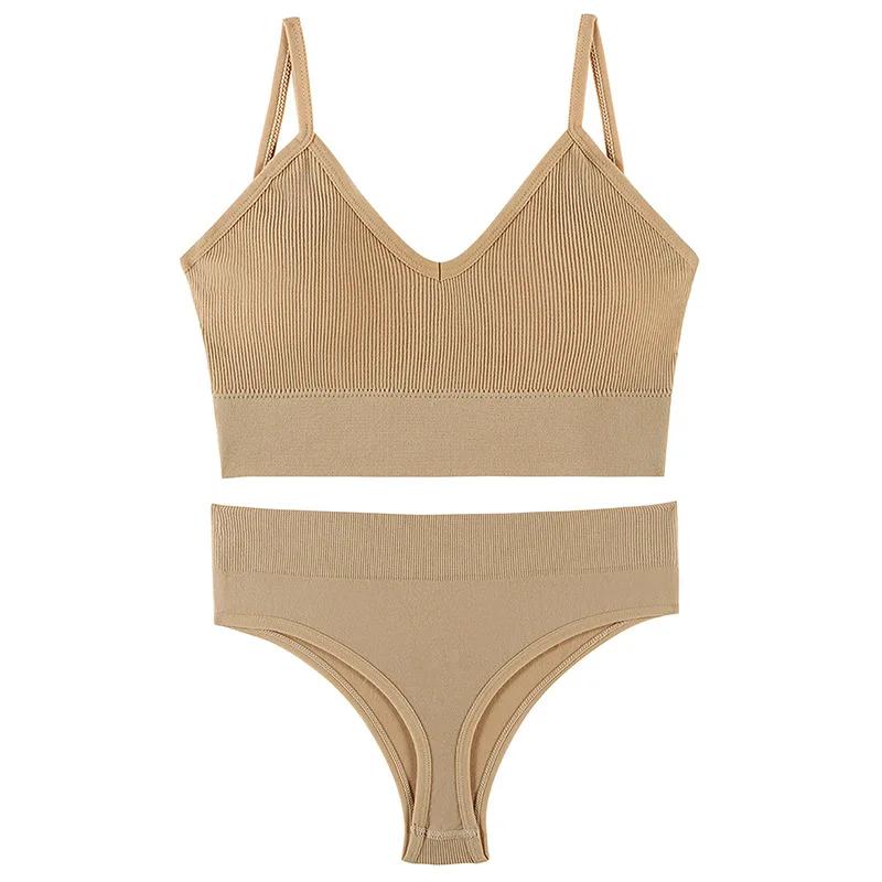 2Pcs Underwear Set Bra Set Women Panties Sexy G-String Seamless Bralette Female Wire Free Bra Sexy Panty Set Lingerie Soft Tank Crop Top Sleeping Bra