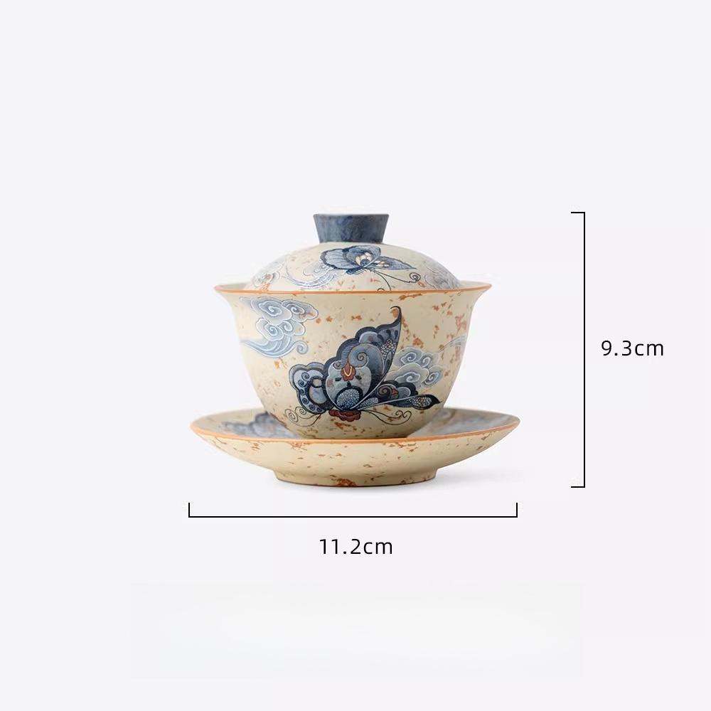 

160ml Blue and White Butterfly Covered Bowl Kung Fu Tea Set Chinese Caramel Glazed Tea Bowl Large Capacity Drinking Utensils 160ml