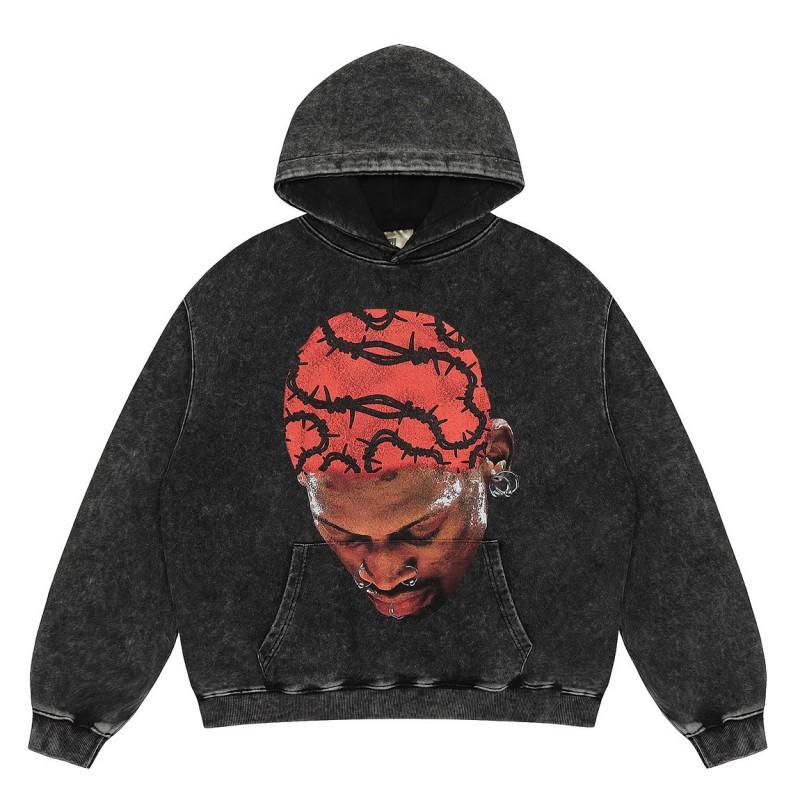 Mens Vintage Washed Hoodie With Distressed Graphic Print Loose Fit Cotton Pullover Fall Casual Wear