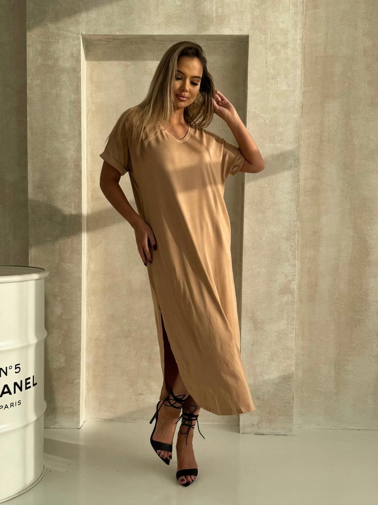 Sukienka damska letnia midi oversize dzianinowa bawełniana beżowy m