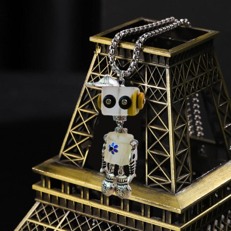 Punk Collarbone Chain Wooden Steams Robot Pendant Necklace Adjustable Length Clavicle Chain Jewelry for Women Girls