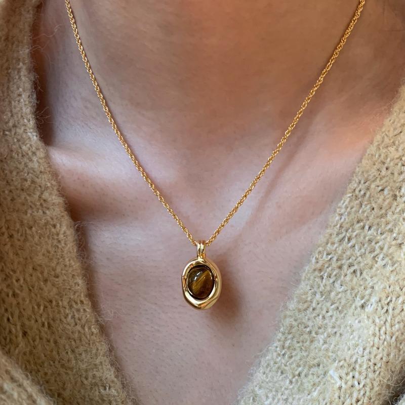 Maillard Caramel Tiger's Eye Stone Beaded Necklace Femininity Versatile Premium Sense Clavicle Chain Natural Stone Handmade