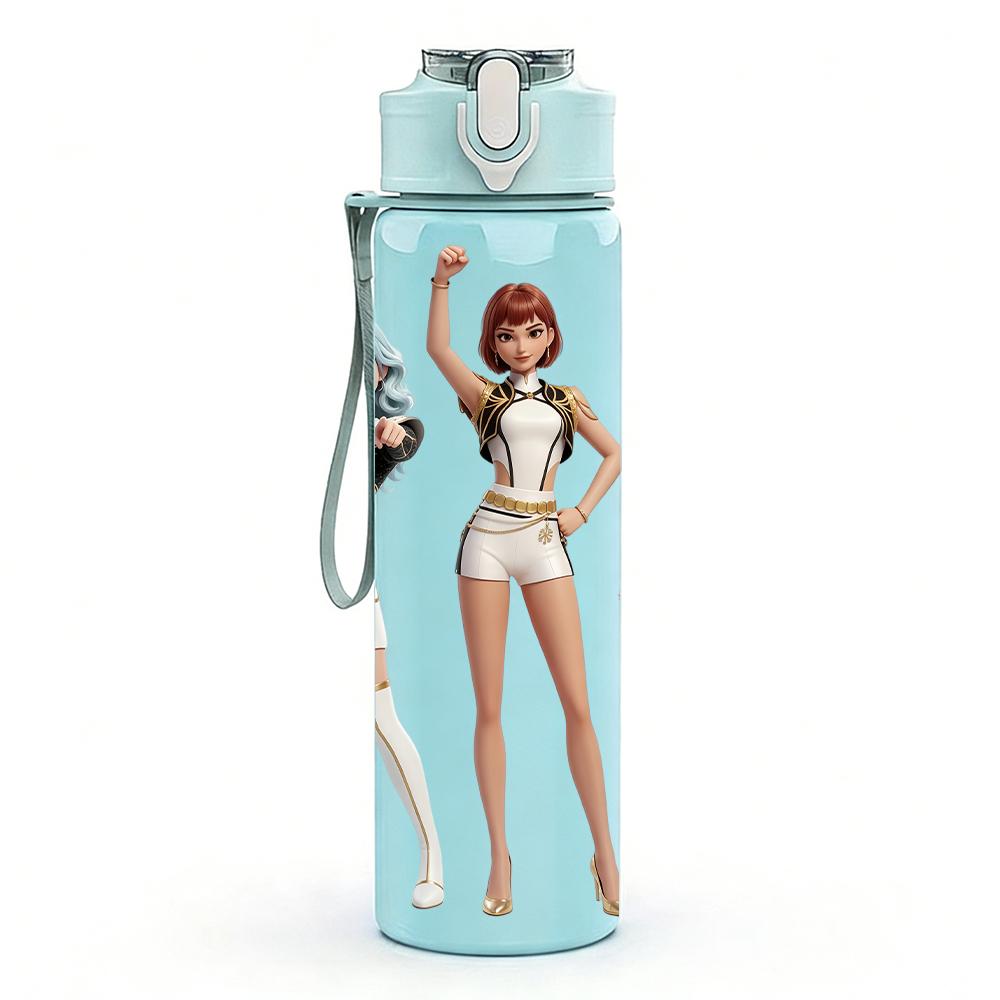1PC Two Retro Outfit Ladies Posing 750ml Color Plastic Sports Water Bottle Leakproof Flip Straw Lid Suitable for Sports Office Home Use